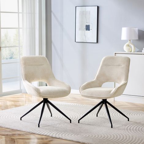 [Lot de 2] Chaises de salle à manger pivotantes à 360° (Tissu blanc) : Dotées d'un piètement à quatre pieds en métal thermolaqué noir et d'un revêtement respirant en tissu texturé blanc  idéales pour  (1/4)