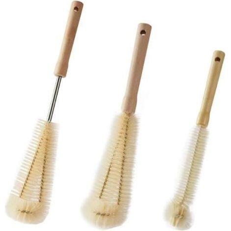 Set di 3 spazzole per la pulizia delle bottiglie: spazzola con testina, spazzola con manico lungo, spazzola per bottiglie di vetro. (1/4)