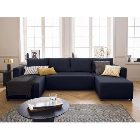 Bestmobilier – Canapé panoramique convertible 7 places – Coffre de rangement – Tissu bleu – Design contemporain – Couchage 257x134cm (1/5)