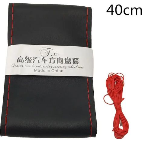 (40 cm noir rouge) Housse de volant en cuir souple tressé pour voiture avec intérieur cousu à l'aiguille et au fil (1/5)