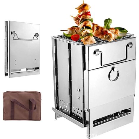 Wood Burning Camping Stove Picnic BBQ Cooker/Portable Foldable Backpacking Stove with Windscreen, Ash Catcher and Grill Grate