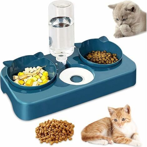 Double Gamelle Chat et Chien Surélevée, 3 en 1 Distributeurs Automatique d'eau et Nourriture pour Animaux de Compagnie, Incliné à 15°Double Bol de Nourriture, pour Les Chats et Les Chiots (1/5)
