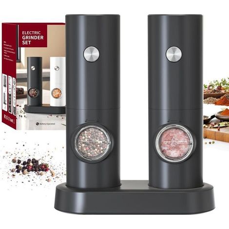 Electric pepper mill set with two battery-operated salt mills, base station, white LED light and adjustable grind setting, black (1/5)