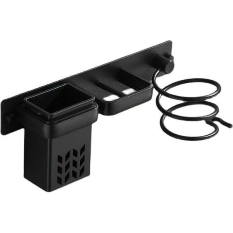 Support mural de salle de bain pour sèche-cheveux et accessoires, organisateur en aluminium avec étagère et trous. Argenté et noir.