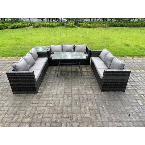 Fimous Rattan Outdoor Garden Furniture Set Garden Dining Table Set with Patio Side Table 9 Seater Dark Grey Mixed (1/5)