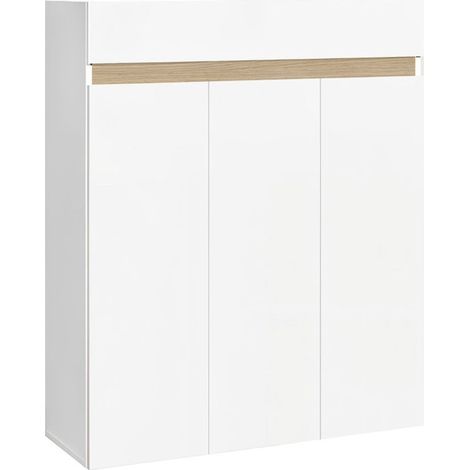 Meuble à chaussures 3 portes et 1 tiroir laqué blanc et décor bandeau aspect bois - EDEN