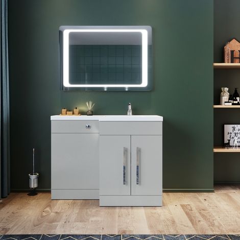 ELEGANT L Shape Bathroom Vanity Sink Unit 1100mm Furniture Storage Matte Grey Vanity Unit with Concealed Cistern + Basin Right Hand