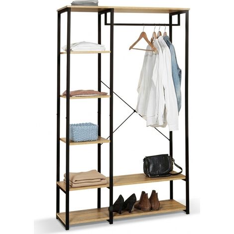 IDOMYA FACTORY - Dressing double Memphis - 90 x 40 x 167 cm - Panneaux de particules 15 mm et métal 16 x 16 mm - Réf 30087236 - EAN 3700901735472 - Design industriel avec 5 niveaux d'étagères et barre (1/5)