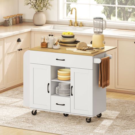 Îlot de cuisine mobile, plan de travail rabattable, portes de placard à fermeture amortie, tiroirs, porte-serviettes, MDF, blanc