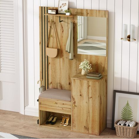 Armario de entrada con espejo, asiento acolchado, MDF, 115 x 185 x 37 cm, natural y negro (1/5)