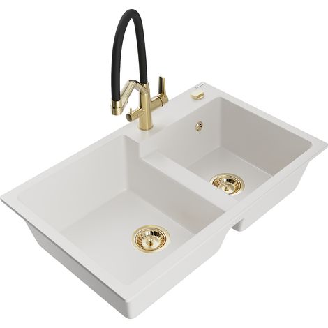 Mexen Tomas fregadero de granito de 2 compartimentos con grifo de cocina Duo, blanco - 6516-20-671701-57-G (1/5)