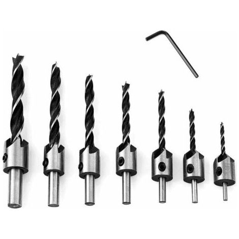 BUNTHAUS 7-teiliges Holzbohrer-Set mit HSS-Fräser, Holzbearbeitungsreibahlen, Kernbohrer, Fasenbohrer, Senkkopfbohrer mit Fräs- und Tiefenanschlag, 90°-Senkbohrer-Set, Spiral-Holzbohrer (3-10 mm)