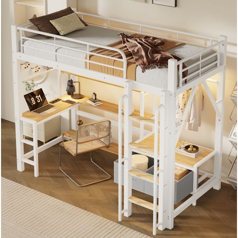 Letto a soppalco 90x200 cm, con scrivania, LED, USB, sponde di sicurezza, MDF e metallo, bianco (1/5)