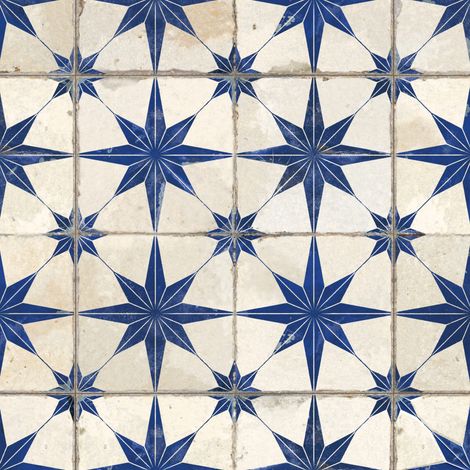 Carrelage Vintage effet Carreau ciment 3D Etoile Bleue et Fond Blanc 45x45x0,95 cm Sparta - Sol et mur intérieur (vendu par carton de 1 m²) - RO'MA CARRELAGE