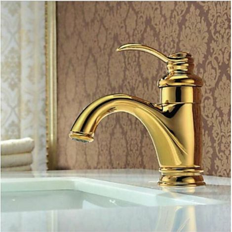 Gold bathroom sink faucet, single hole hot and cold water tap (1/4)