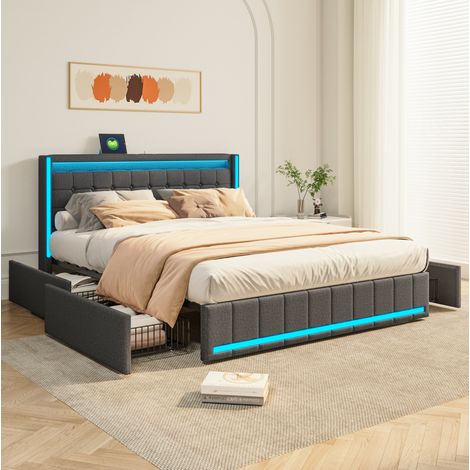 Cama doble (160x200x100 cm), con cajones, cabecero con puertos USB, luz LED, madera y MDF, gris oscuro (1/5)