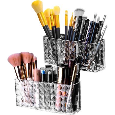 2 Pièces Boîte Rangement Maquillage Organisateur, 3 Compartiments en Acrylique pour Pinceaux, Eye-Liner, Rouge à Lèvres (Transparent) (1/5)