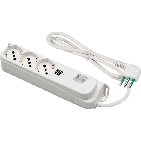 FANTON 474504 Multipresa 3 posti + USB OMEGA ciabatta 3 prese bipasso/schuko 2P+T 16A + 2 prese USB-A 5V 3A cavo 1,5 m. spina piccola 2P+T 10A + interruttore automatico luminoso di sovraccarico (1/3)