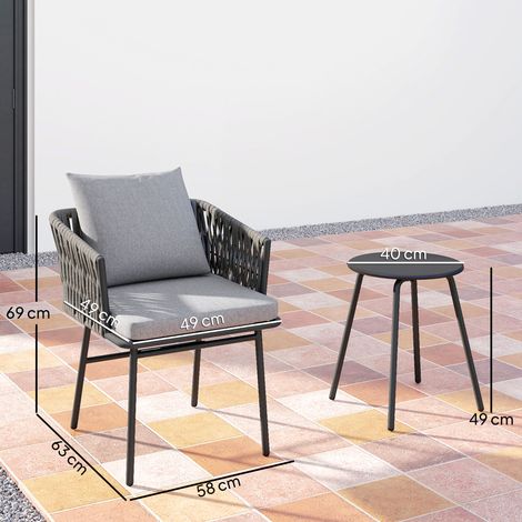 Ensemble de mobilier de jardin 3 pièces, 2 chaises, 1 table, style bistro, rotin synthétique, structure en acier, table en métal, 4 coussins, gris (1/5)