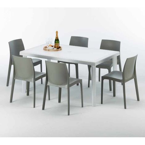 Tavolo Rettangolare Bianco 150x90 cm con 6 Sedie Colorate Rome Summerlife - Grigio