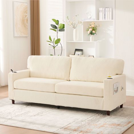 Canapé-2-places-chenille-LED-USB-poches-porte-gobelets-confort-beige-203x77,5x86cm (1/5)