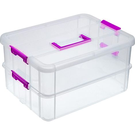 Boîte de rangement empilable à 2 étages, en plastique, réglable, avec poignée de transport, conteneurs transparents pour jouets artistiques et artisanaux, accessoires de couture, violet (1/5)