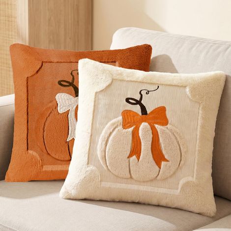 Lot de 2 Housses de Coussin Caramel et Beige Automne Fausse Fourrure Lapin 45 × 45 cm, Décor Rétro Ferme pour Canapé Salon, sans Garnissage (1/5)