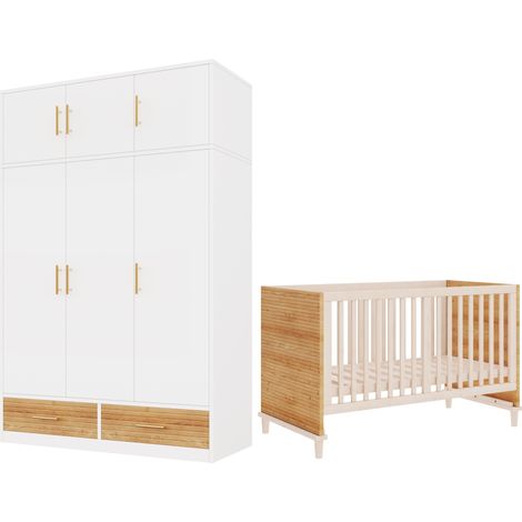 Ensemble chambre bébé 2 pièces avec armoire 3 portes (120x50x180 cm) et lit à barreaux (70x140x87 cm) en bois naturel (1/5)