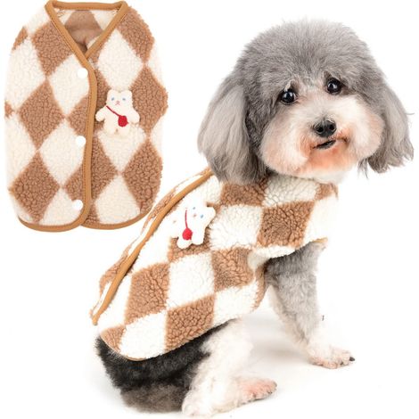 Veste Polaire en Peluche pour Chien Gilet Chaud à Carreaux Rétro Automne Hiver Vêtement pour Petit Chien Chiot Chat Khaki (1/5)