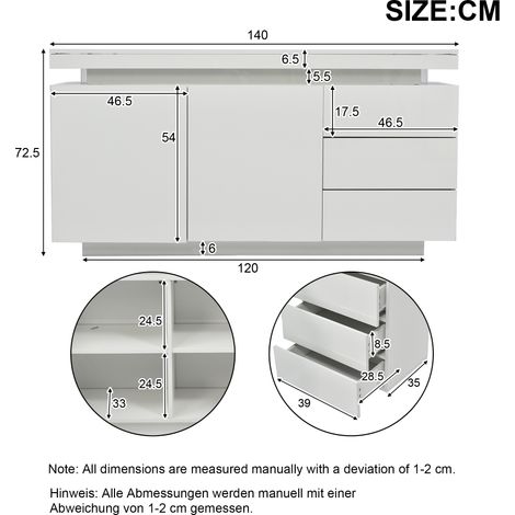 Meuble de salon moderne, meuble d’appoint, meuble de rangement. Deux portes, trois tiroirs. Finition en laque brillante. Meuble avec lumière LED intégrée. Sans poignées. Dimensions : 140x35x72,5 cm (1/5)