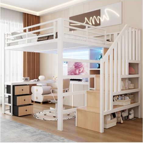 Lit Mezzanine Avec Bureau 140x200 cm 4 Tiroirs Grille LED - Lit Mezzanine - Métal Blanc Escalier Rangement Gain de Place (1/5)