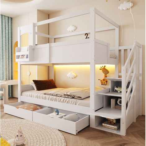 Litera infantil 90x200 cm con escalera de almacenaje, pizarra y 2 cajones, blanca OKMYHOME (1/5)