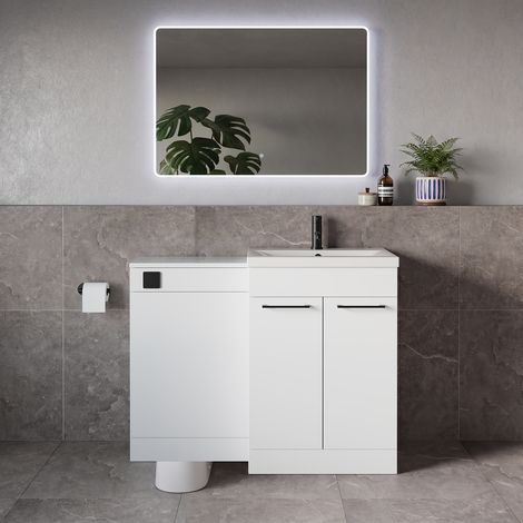 Napoli 390 Gloss White 1100mm 2 Door Vanity Unit Toilet Suite with Glide Basin - 1100mm - Matt Black 160mm HandleWithout Kingston Toilet Pan