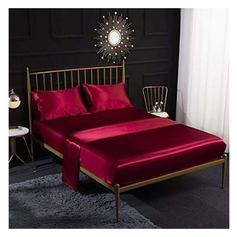 Parure de lit 4 pices en satin de soie avec drap-housse drap plat taie doreiller respirante douce et confortable Rouge PZCC (1/4)