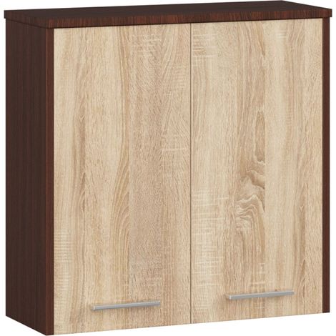 Armoire murale de salle de bain 60 cm – 2 portes battantes – Corps wengé – Façade chêne sonoma – 2 étagères 60x22,5 cm – Abamihome (1/5)