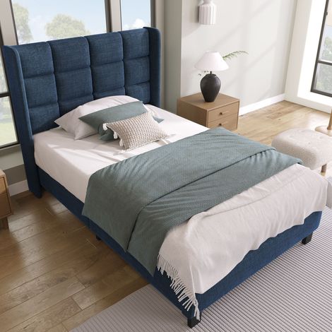 Letto Singolo Moderno 90x200 cm con Testiera Imbottita,Rete a Doghe,Lino Blu,Media Rigidità (Senza Materasso)