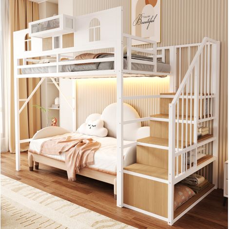 CHICFURN Cama alta 90x200 cm de metal blanco con escalera de almacenaje, sin colchón (1/5)