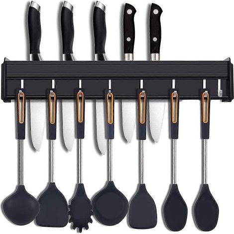 Porte-couteaux magnétique de 43 cm avec 10 crochets, sans perçage, bande magnétique noire pour couteaux et support mural pour ustensiles, puissant aimant pour couteaux inclus (1/5)
