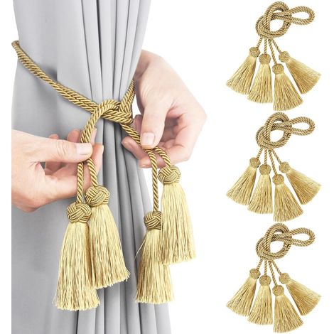 Elegante Raffhalter aus Seil mit dekorativen, handgewebten Quasten, goldfarben, 6er-Set (1/4)