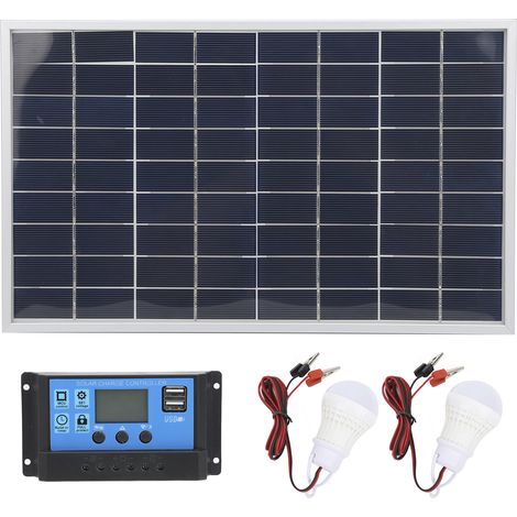15W 18V panneau solaire polycristallin, régulateur solaire PWM 12V/24V 10A, 2 ampoules LED pour charge batterie voiture camping-car bateau (1/5)