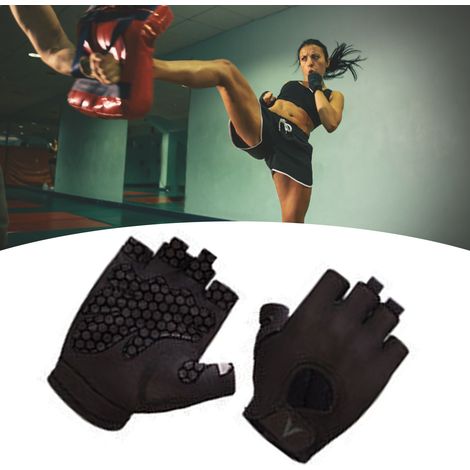 Gants de musculation ajourés, respirants et antidérapants, demi-doigts, avec dragonne, noirs, taille L. (1/5)