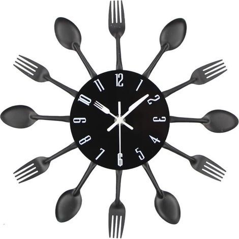 Küchenuhr mit Spiegeleffekt, inklusive Löffel, Gabel und abnehmbarem 3D-Aufkleber zur Dekoration, 30 x 30 x 4 cm, schwarz (1/5)