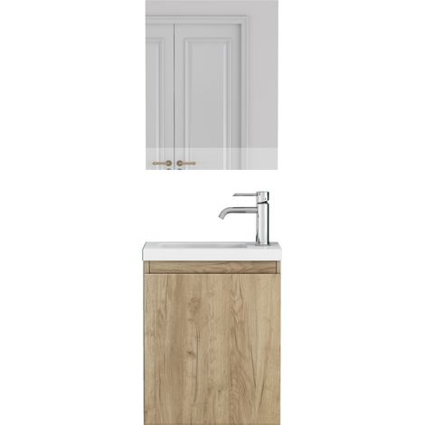 Mueble de baño mural con lavabo de cerámica y espejo, acabado efecto madera roble, sin tirador (1/5)
