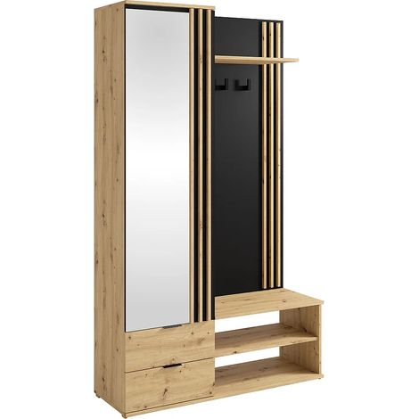 Vente-Unique – Vestiaire avec miroir et rangements – Panneau de particule mélaminé – Longueur 120 cm, Hauteur 201 cm, Charge max 15 kg – Éco-responsable (1/4)