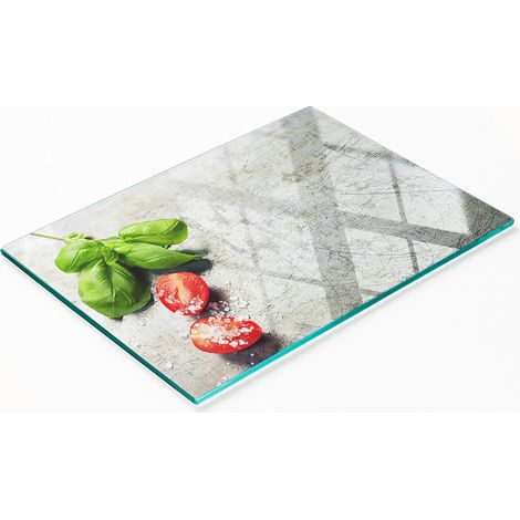 Dekoratives Schneide- und Servierbrett aus Glas, Tomaten-Basilikum-Motiv, 80 x 52 cm (1/5)