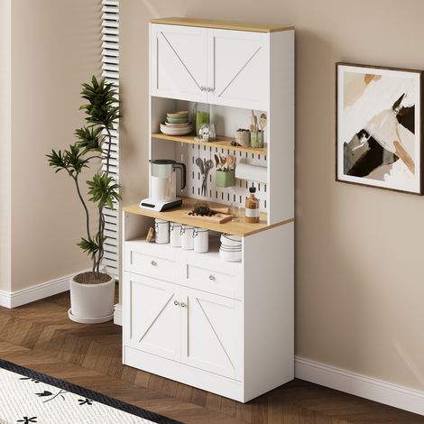 Credenza alta 175 cm, mobile contenitore multifunzionale per cucina e sala da pranzo, MDF/truciolato, legno bianco e naturale (1/5)