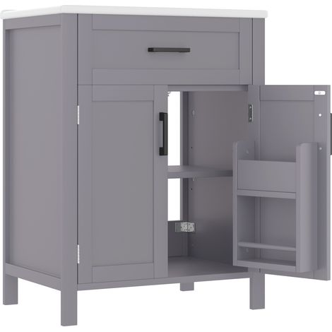 Freistehender grauer Badschrank 60 x 46 x 84,8 cm mit Keramikwaschbecken und 2 Türen MODENUIT (1/5)