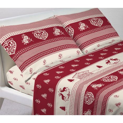 Completo Lenzuola Letto In 100% Cotone Stile Montagna Chalet Disegno Tirolo, misura1 Piazza e MezzacoloreTirolo (1/3)