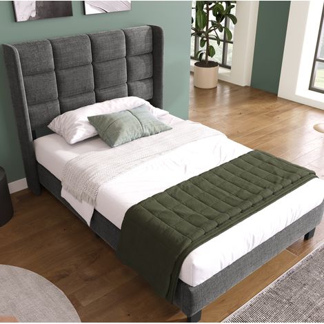 Modernes Design Polsterbett Mit seinem gepolstertes Kopfteil Einzelbett mit Lattenrost, 90x200cm ,in Grau Leinen, mittelfest (Ohne Matratze) (1/5)