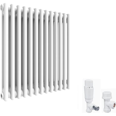 ELEGANT 600 x 592 mm Traditional Cast Iron Style Horizontal Radiator with White Double Column and White Thermostatic Radiator Valves (1/5)